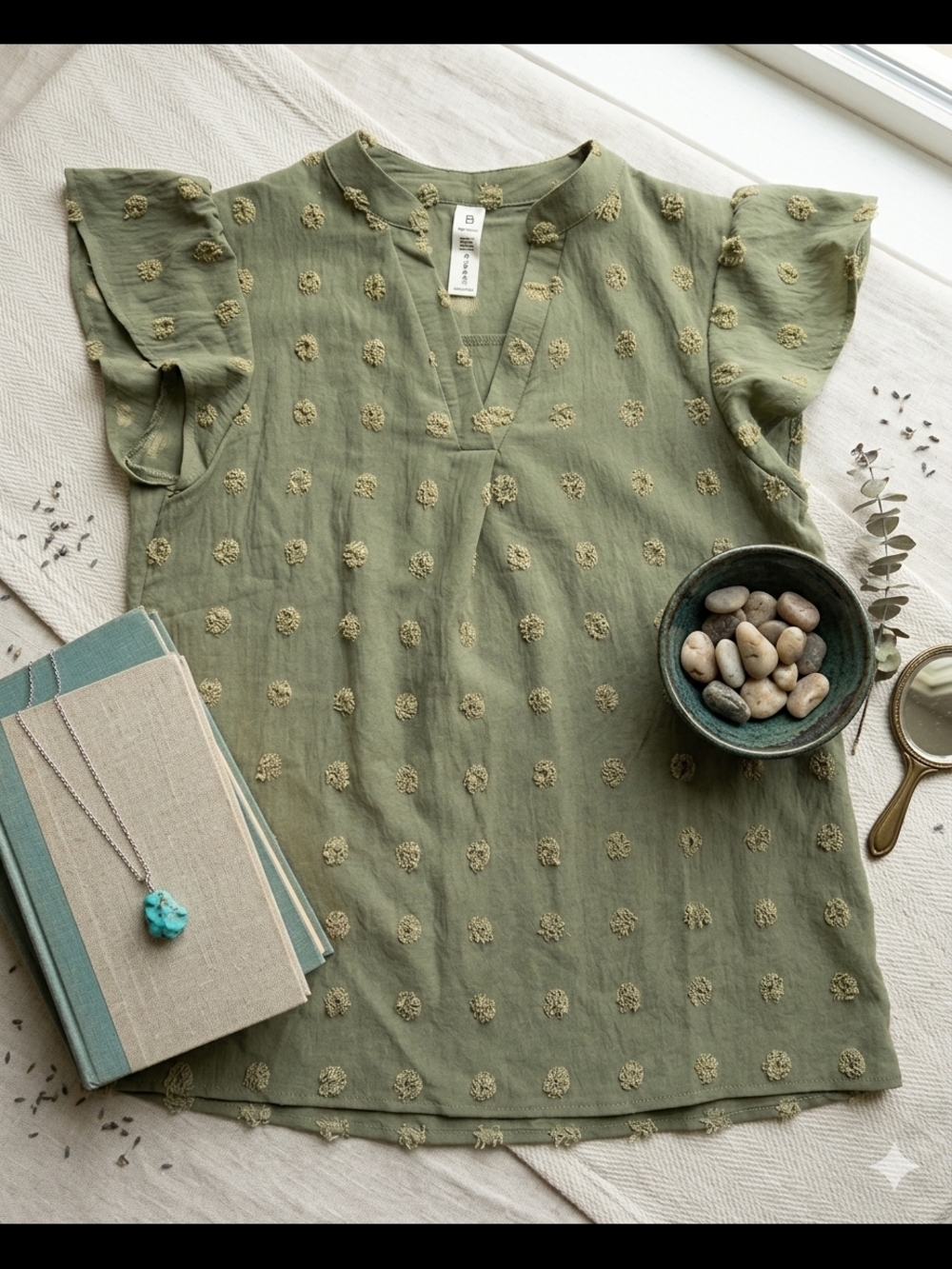 LOlive Green Embroidered Flutter Sleeve Top